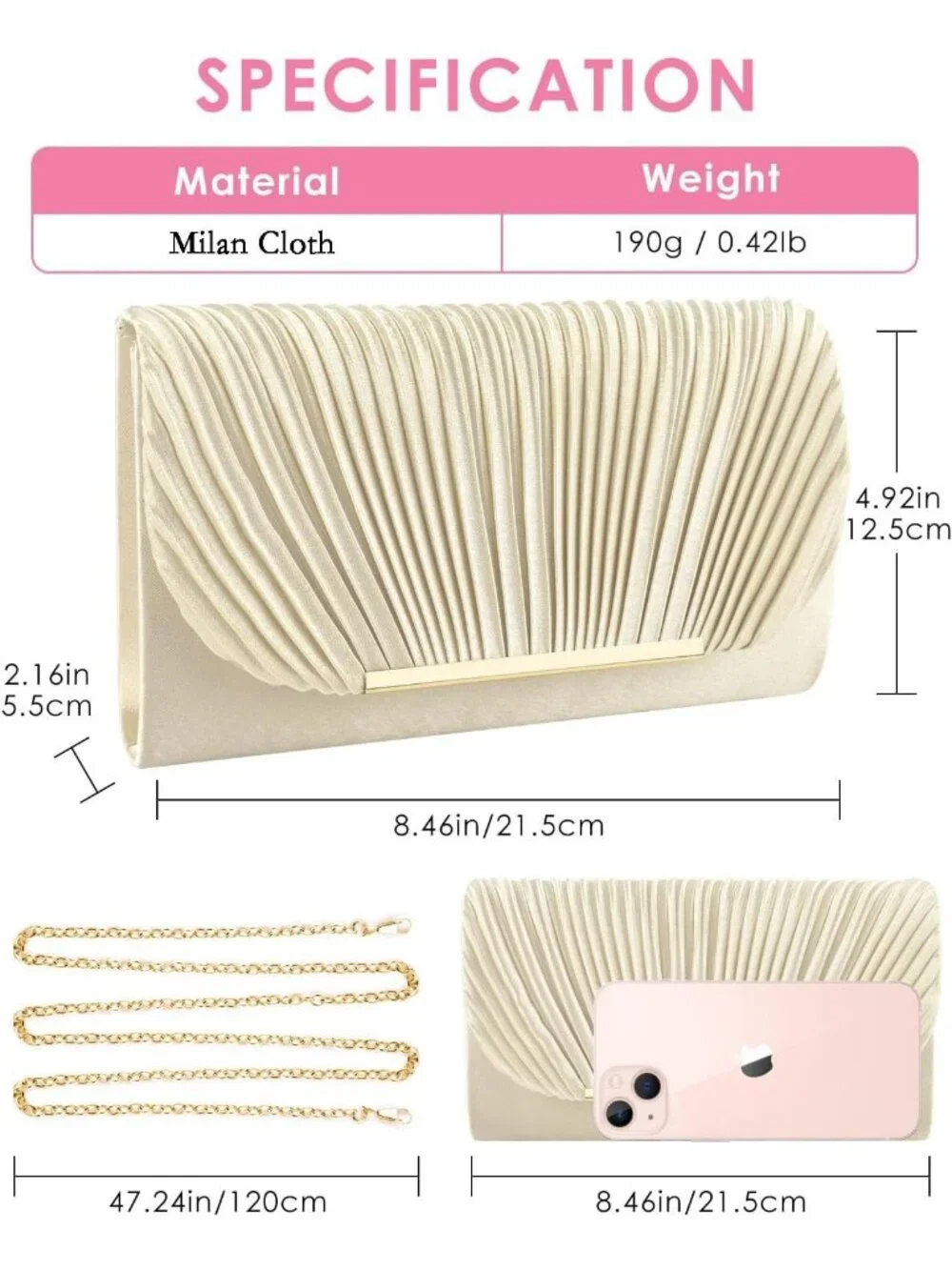 Women's Apricot Clutch Purse Evening Envelope Wedding Crossbody Shoulder Bag